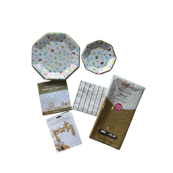 Party Supplies Bundle 6 Gold Confetti Palazzo Plates Tablecloth Napkins Decor - Picture 1 of 6